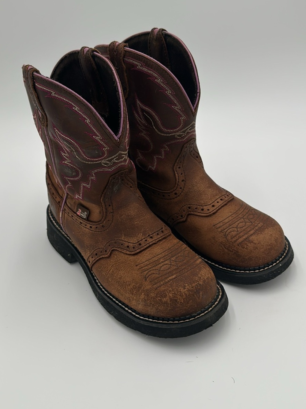 Justin Boots Brown Leather Ankle Western Booties with Pink Stitching